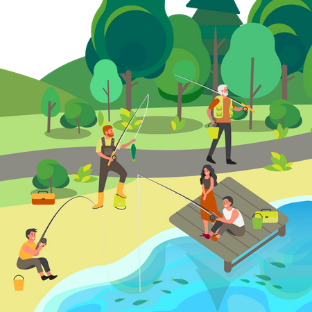 People fishing with fishing rod in park  Illustration