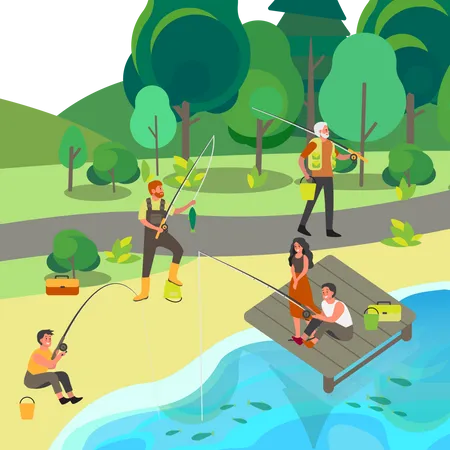 People fishing with fishing rod in park  Illustration