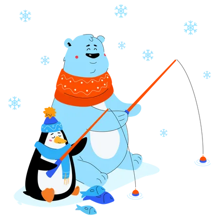 Polar bear and penguin ice fishing  Illustration