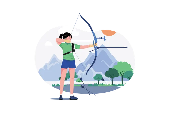 Professional female archer shooting using bow  Illustration