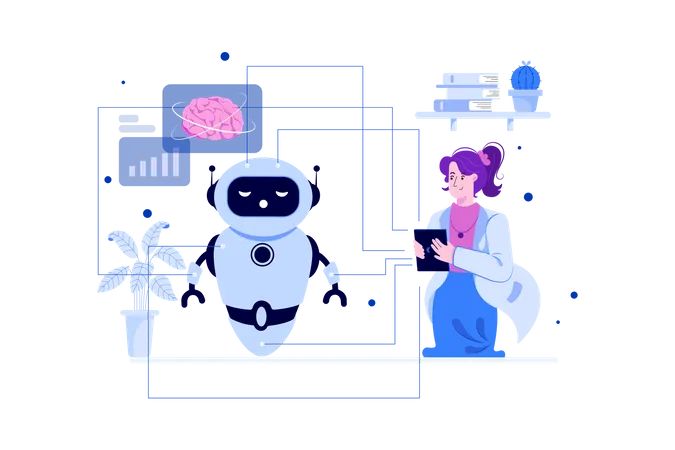 Scientist analyzing chat bot for bugs and issues  Illustration