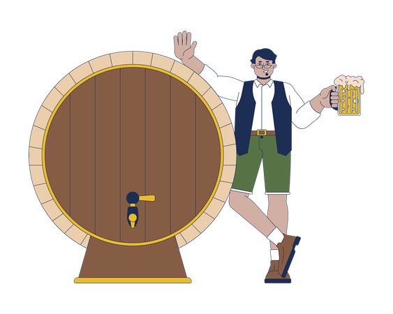 Smiling arab man leaning on wooden beer barrel  Illustration