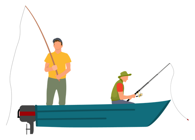 Two Fishermen with Fishing Rods on Motor Boat  Illustration