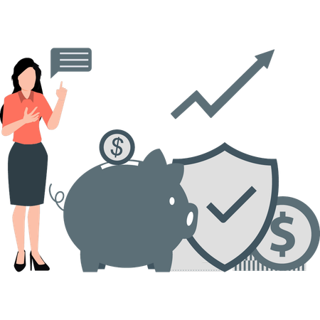 Woman talking about piggy bank protection  Illustration