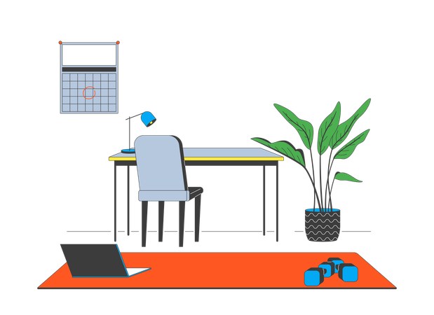 Work-from-home desk with workout corner  Illustration