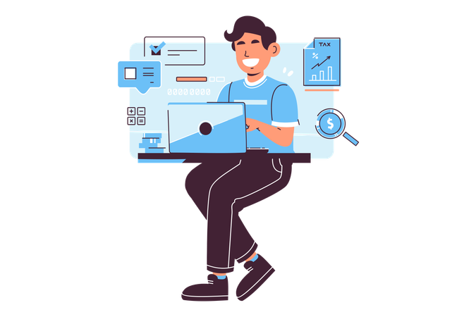 Young Man Managing Finances on Laptop  Illustration