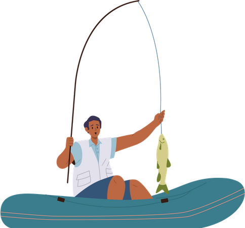 Young shocked fisher man catching fish on rod while fishing in boat  Illustration