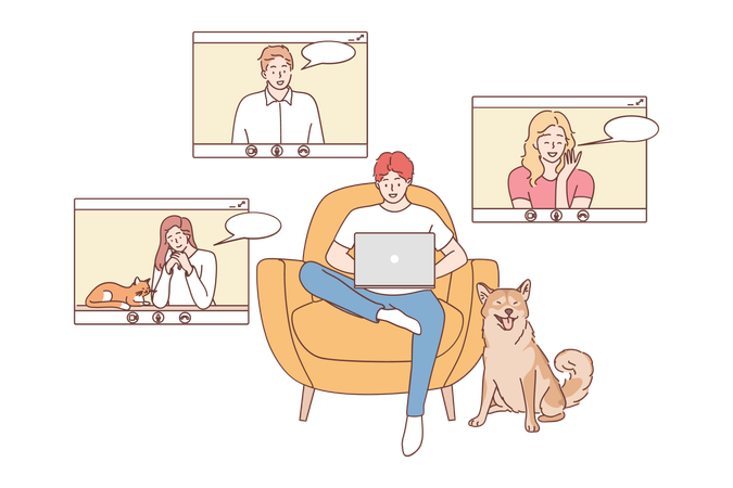 Young smiling people having video call in home office  Illustration