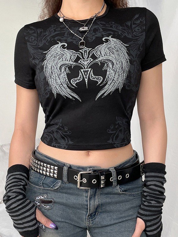 EMMIOL Rhinestone Decor Grunge Wing Printed Crop Top