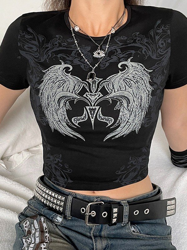 EMMIOL Rhinestone Decor Grunge Wing Printed Crop Top