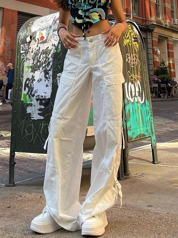 EMMIOL Straight Leg White Parachute Cargo Pants