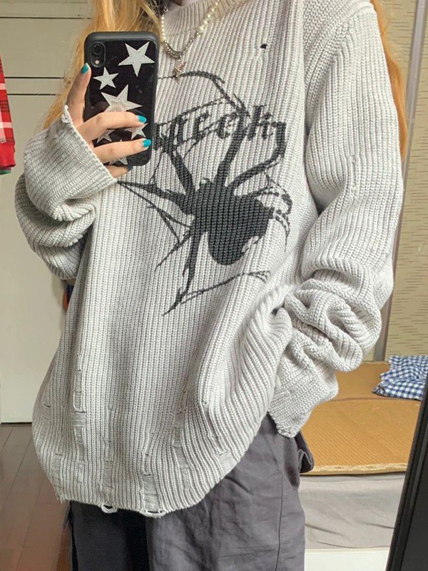 EMMIOL Punk Animal Jacquard Distressed Pullover Sweater