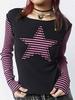 EMMIOL Stripe Star Print Patchwork Slim Long Sleeve Tee