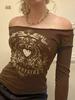 EMMIOL Vintage Heart Print Off Shoulder Long Sleeve Tee