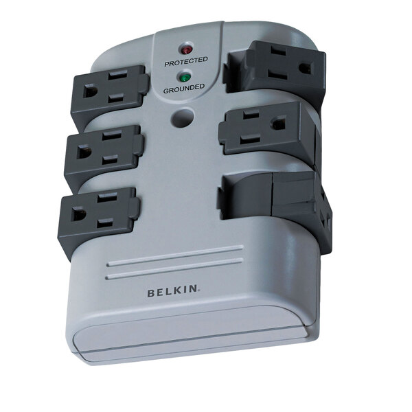 A Belkin gray pivot plug power strip with six outlets.