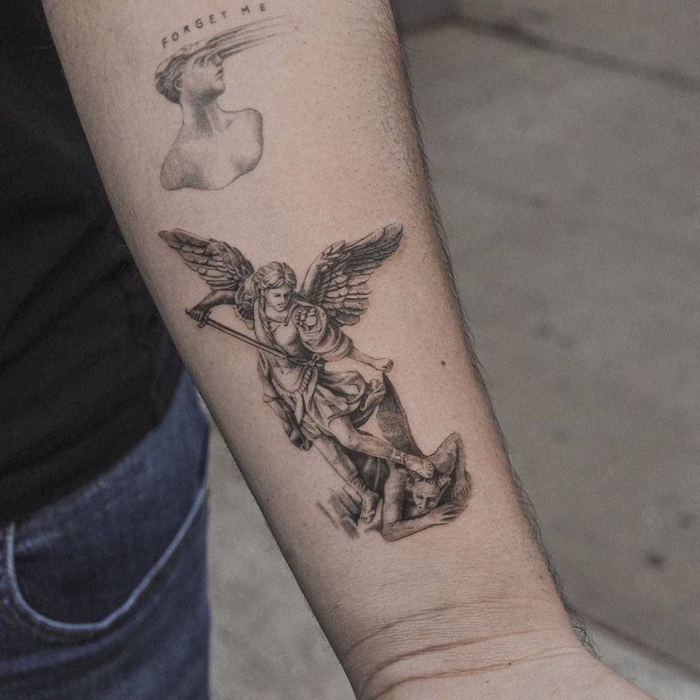 American traditional Saint Michael tattoo  Saint tattoo St michael tattoo  Traditional tattoo black and grey