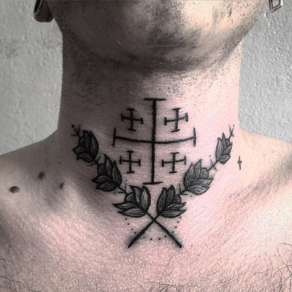 Jerusalem cross tattoo on the neck.