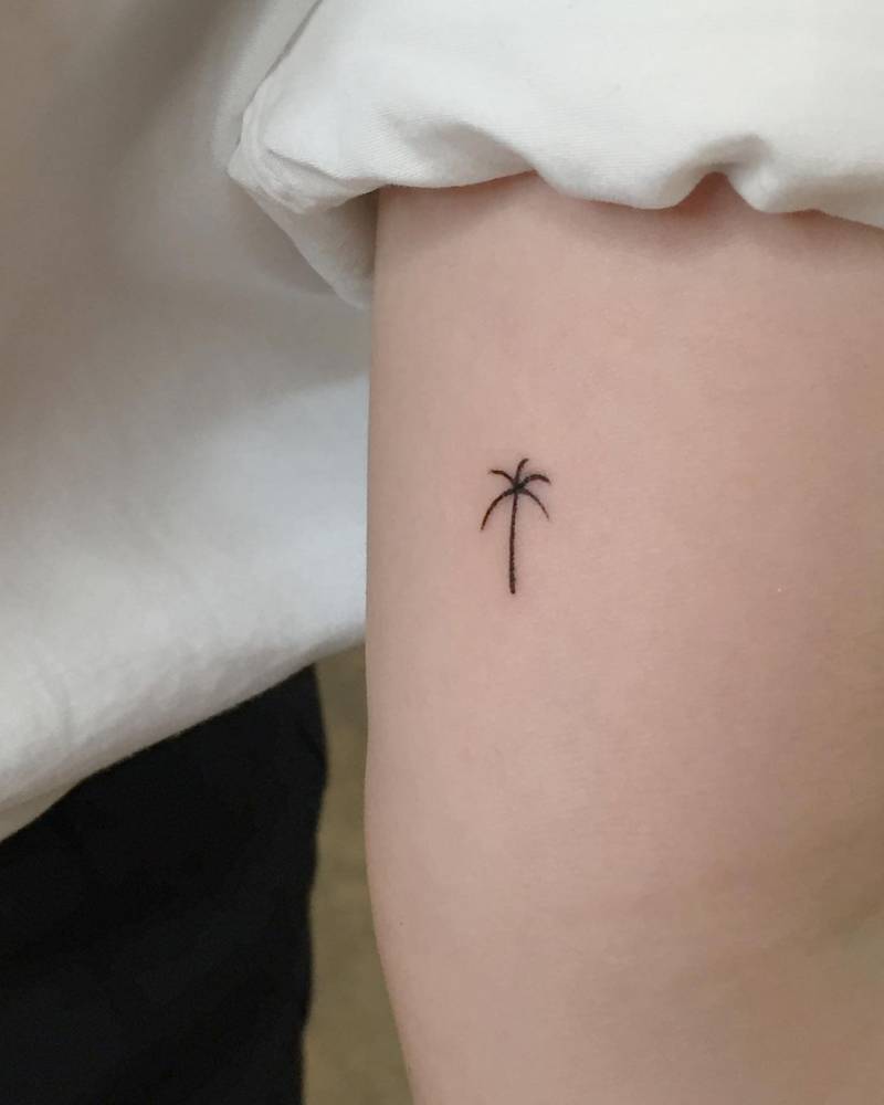 Minimalistic palm tree tattoo located on the inner arm.