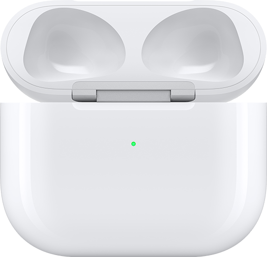 Custodia di ricarica Lightning per AirPods 3 con il coperchio aperto e gli AirPods rimossi, vista dalla parte anteriore.