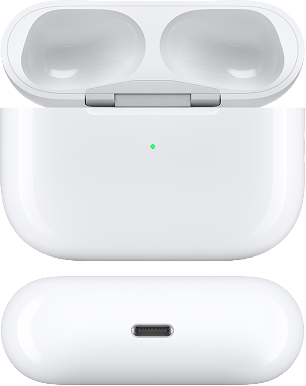 Custodia di ricarica MagSafe per AirPods Pro 1 con il coperchio aperto e gli AirPods rimossi, vista dalla parte anteriore e inferiore. La parte inferiore della custodia ha una porta Lightning per la ricarica e nessun altoparlante.