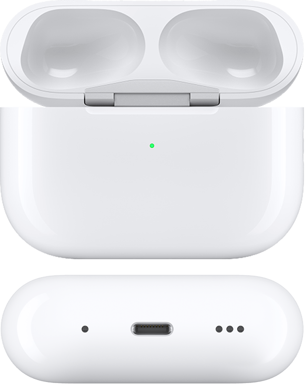 Custodia di ricarica MagSafe (Lightning) per AirPods Pro 2 con il coperchio aperto e gli AirPods rimossi, vista dalla parte anteriore e inferiore.