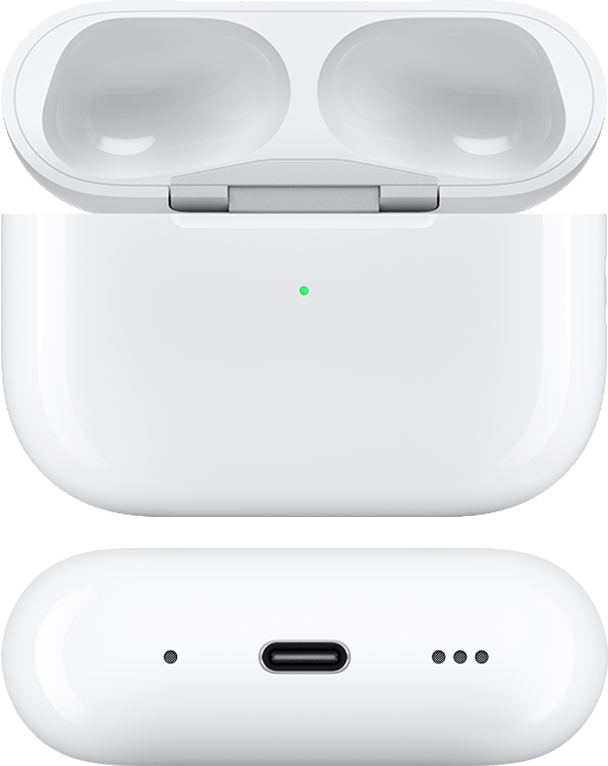 Custodia di ricarica MagSafe (USB-C) per AirPods Pro 2 con il coperchio aperto e gli AirPods rimossi, vista dalla parte anteriore e inferiore.