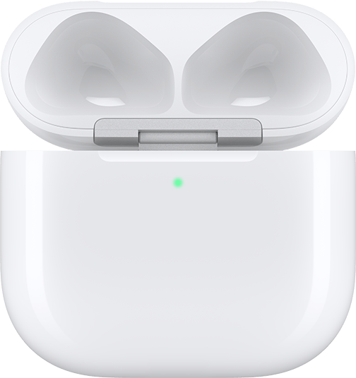 Custodia di ricarica per AirPods 4 con il coperchio aperto e gli AirPods rimossi.