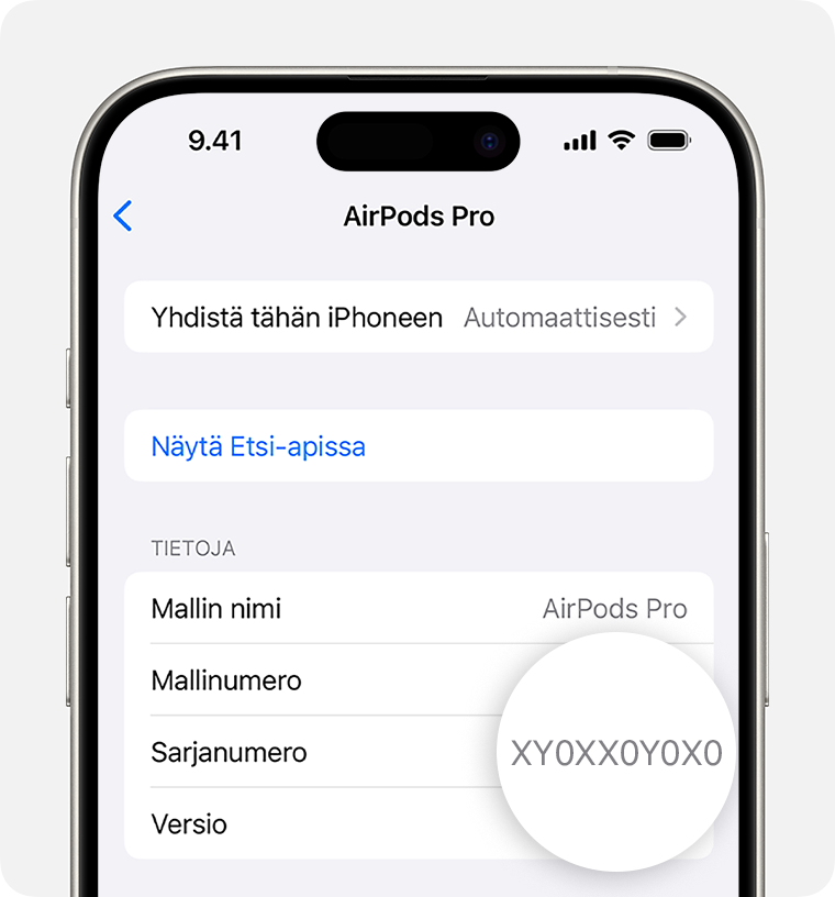 AirPods Pron sarjanumero iPhonen Asetuksissa.