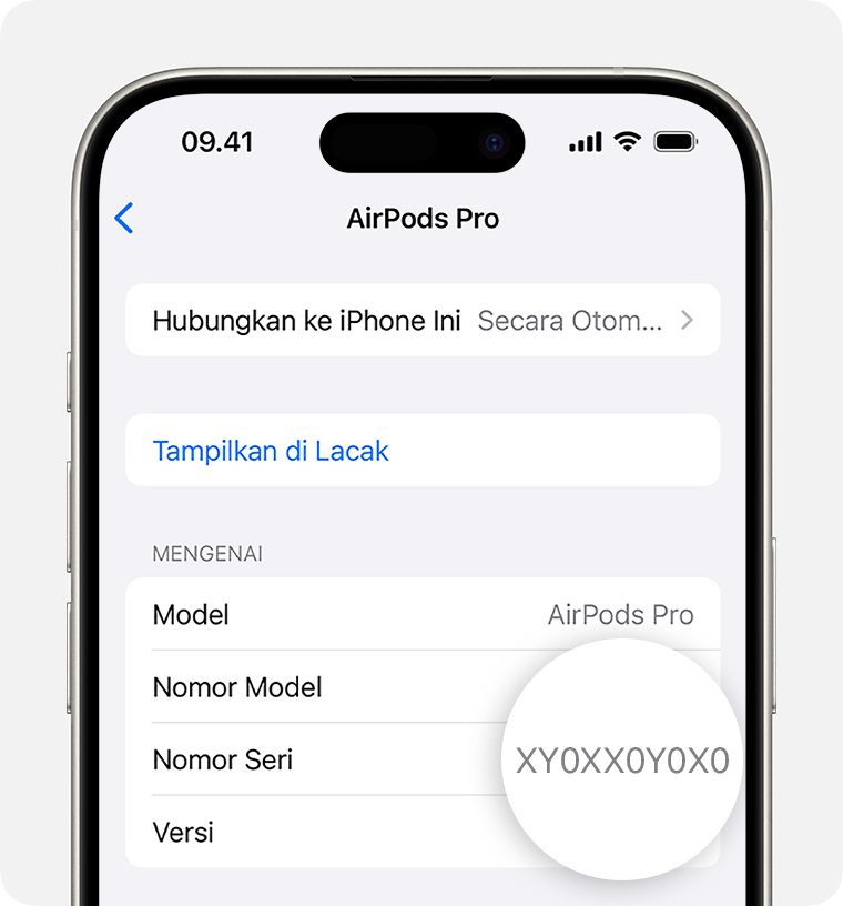 Nomor seri AirPods Pro tercantum di Pengaturan iPhone.