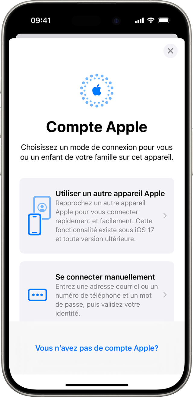 dans les réglages d’iPhone, vous pouvez vous connecter manuellement à l’aide de votre compte Apple ou utiliser un autre appareil Apple.