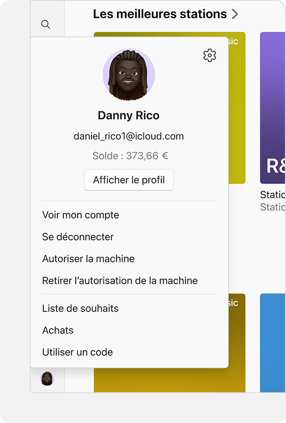 Menu Compte dans Apple Music pour Windows, avec le solde du compte affiché