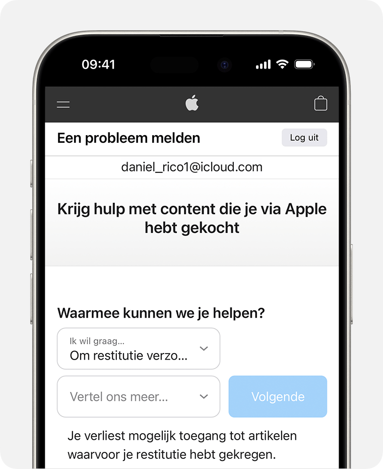 iPhone met de website voor het melden van een probleem waar je een terugbetaling kunt aanvragen. Nadat je 'Om restitutie verzoeken' hebt gekozen, kies je de reden waarom je de terugbetaling aanvraagt.