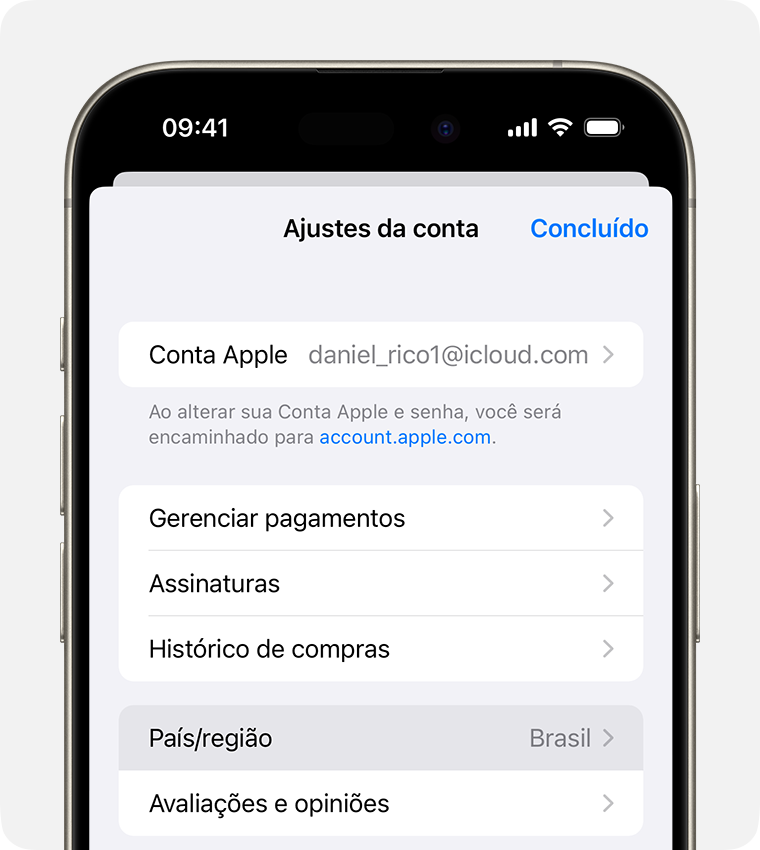 iPhone mostrando a opção País/região nos ajustes Conta