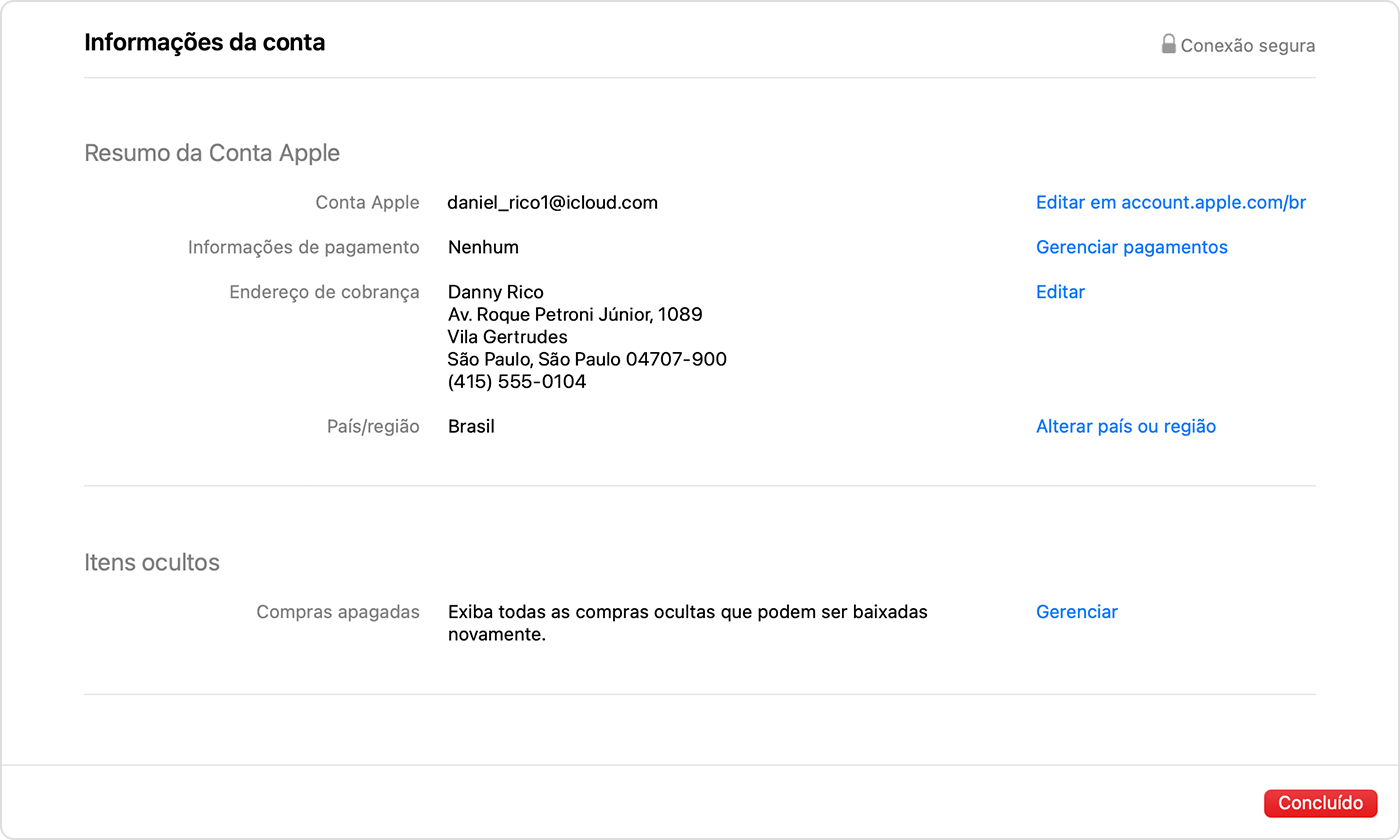 App Apple Music no Mac mostrando a página Informações da Conta, incluindo Alterar País ou Região