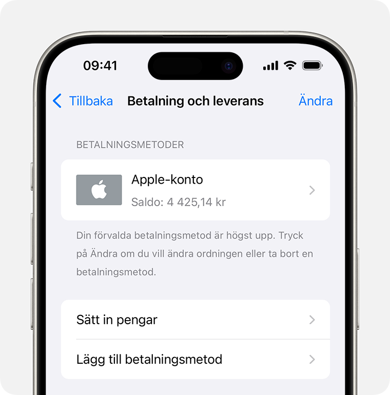 En iPhone-skärm som visar betalnings- och leveransinställningarna för Apple-kontot. Tryck på Lägg till betalningsmetod för att lägga till en betalningsmetod.