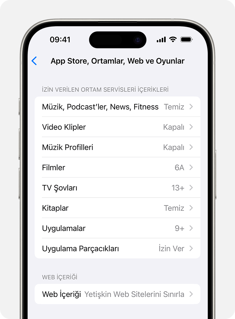 İçerik Sınırlamaları seçeneklerini gösteren iPhone ekranı