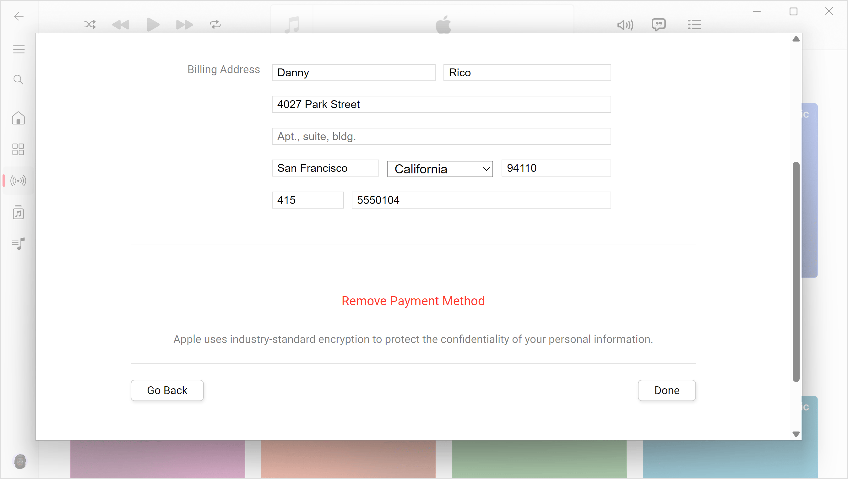 Windows screen showing Edit Payment Information settings, statement appears that Apple uses industry standard encryption to protect the confidentiality of your personal information.