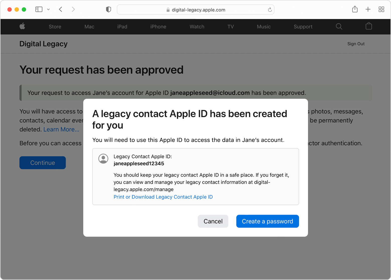 بعد الموافقة على طلب "جهة الاتصال الوارثة"، ستظهر لك رسالة تخبرك بأنه قد تم إنشاء Apple ID لجهة اتصال وارثة من أجلك. يمكنك طباعة Apple ID الخاص بـ "جهة الاتصال الوارثة" أو تنزيله، أو النقر على الزر الأزرق "إنشاء كلمة سر".