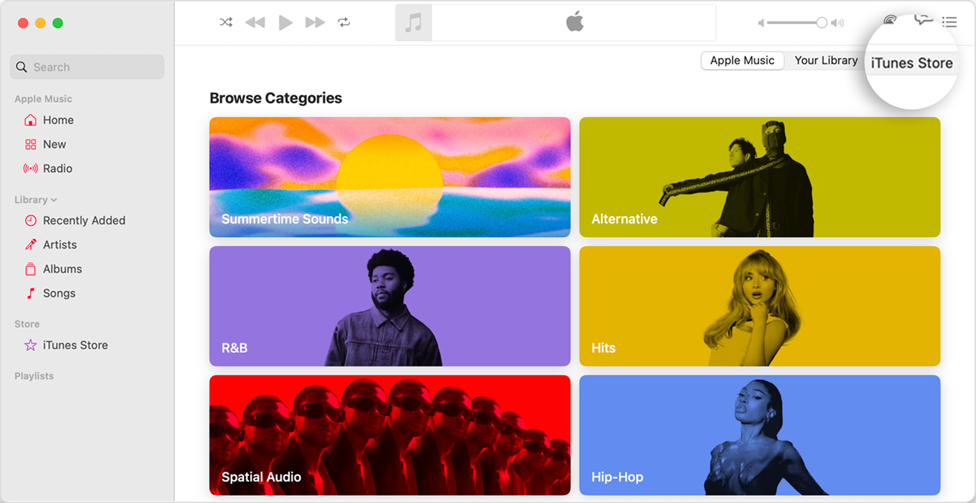 The Apple Music app for Mac has Browse Categories open. In the top right, there are options for Apple Music, Your Library and iTunes Store, and iTunes Store is selected.