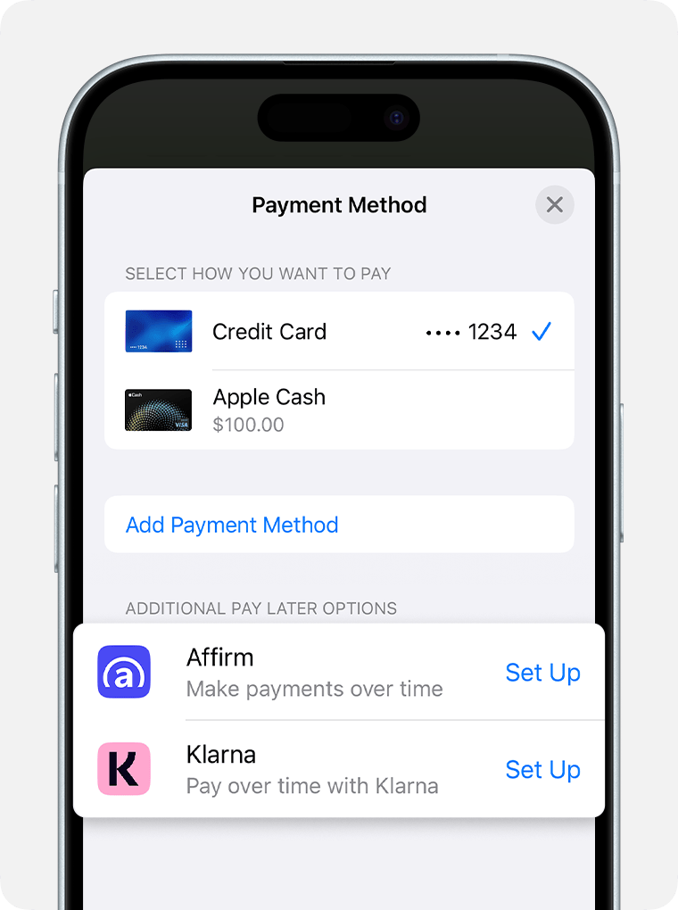 The Payment Method screen. Available pay later providers are listed under Additional Pay Later Options.