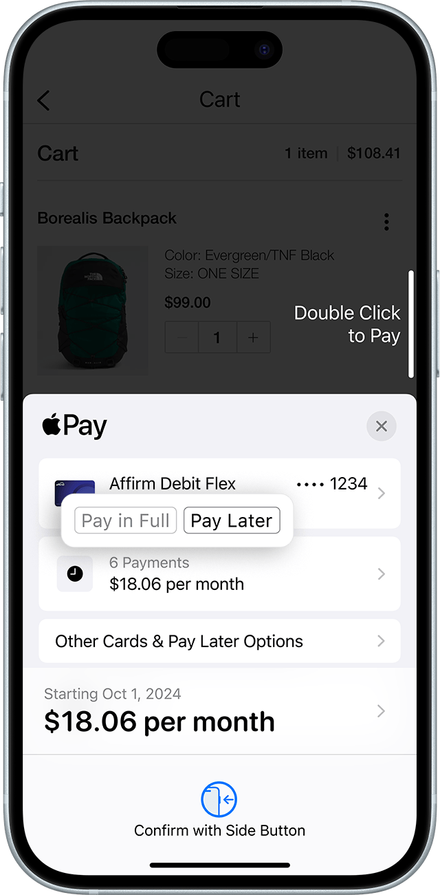 "Pay in Full" and "Pay Later" hints on the selected payment card.