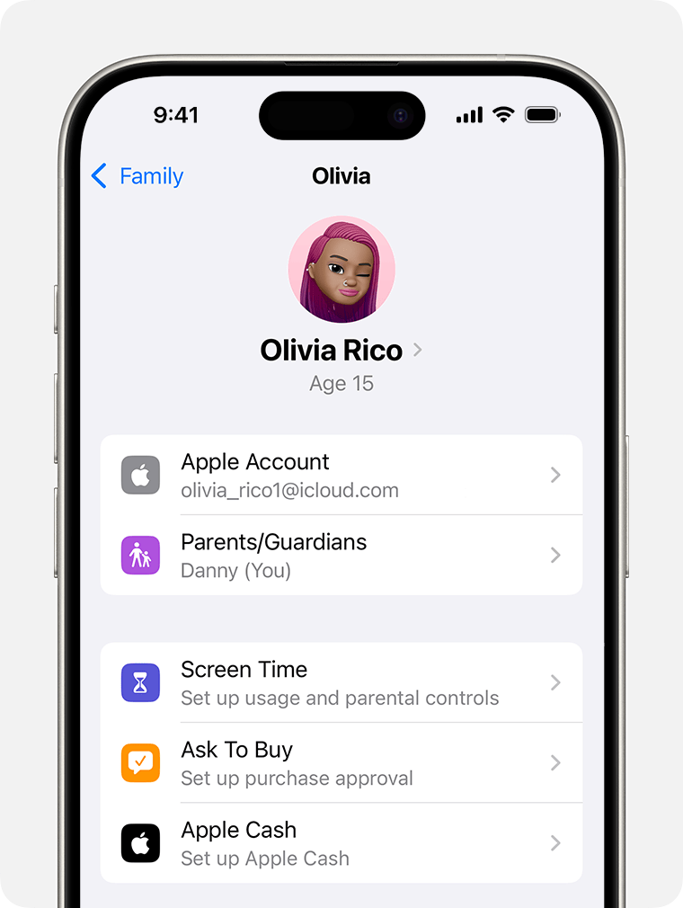 View of Child account from the Apple Cash Family organizer's device. Options listed are Apple Account, Parents/Guardians, Scren Time, Ask to Buy, Set up Apple Cash.