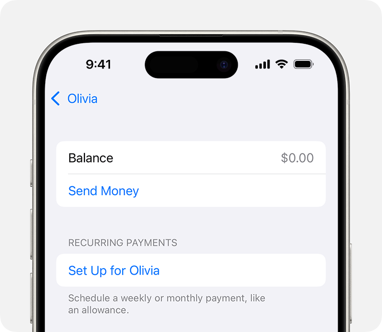 Apple Cash screenshot  a family member showing the option to set up recurring paymemts.