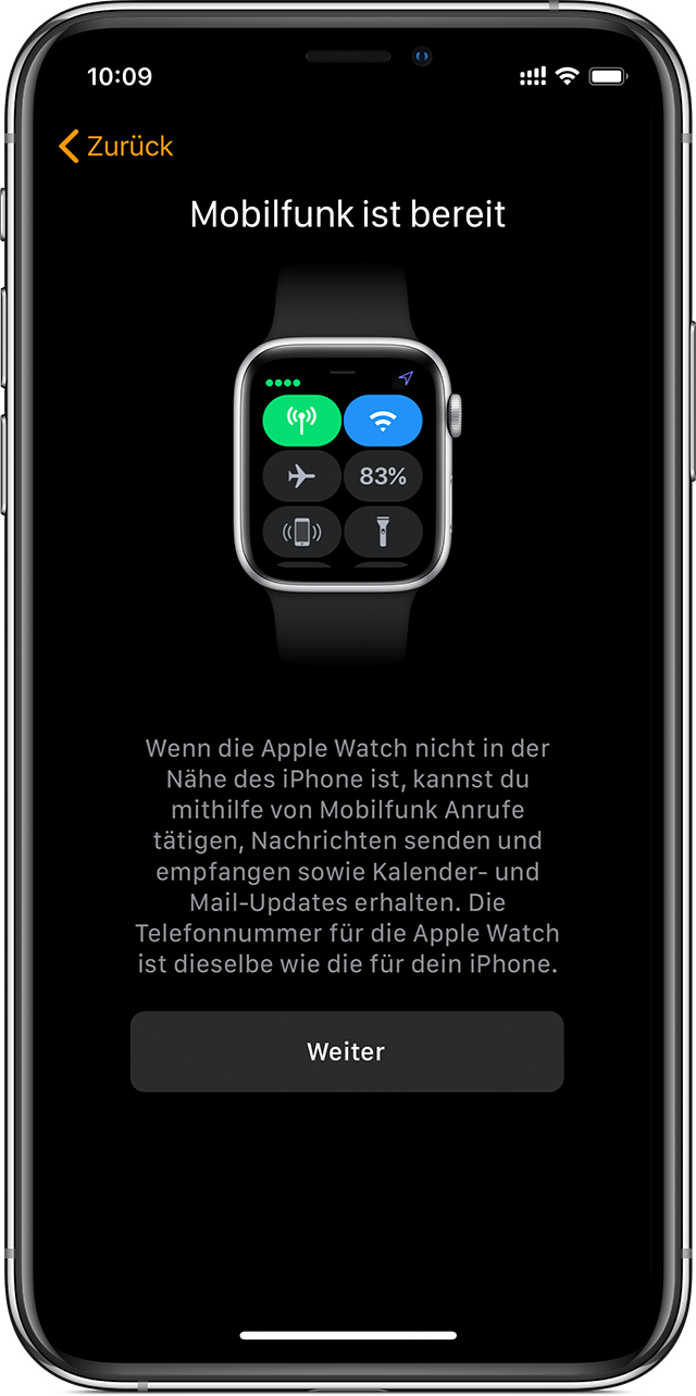 Einrichtungsbildschirm auf einem iPhone, mit der Information, dass deine Apple Watch nun Mobilfunk nutzen kann