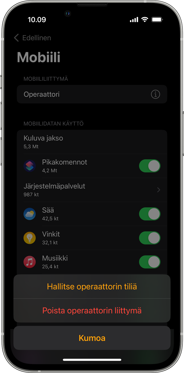 iPhone, jossa näkyy Mobiilidata-näyttö Watch-apissa