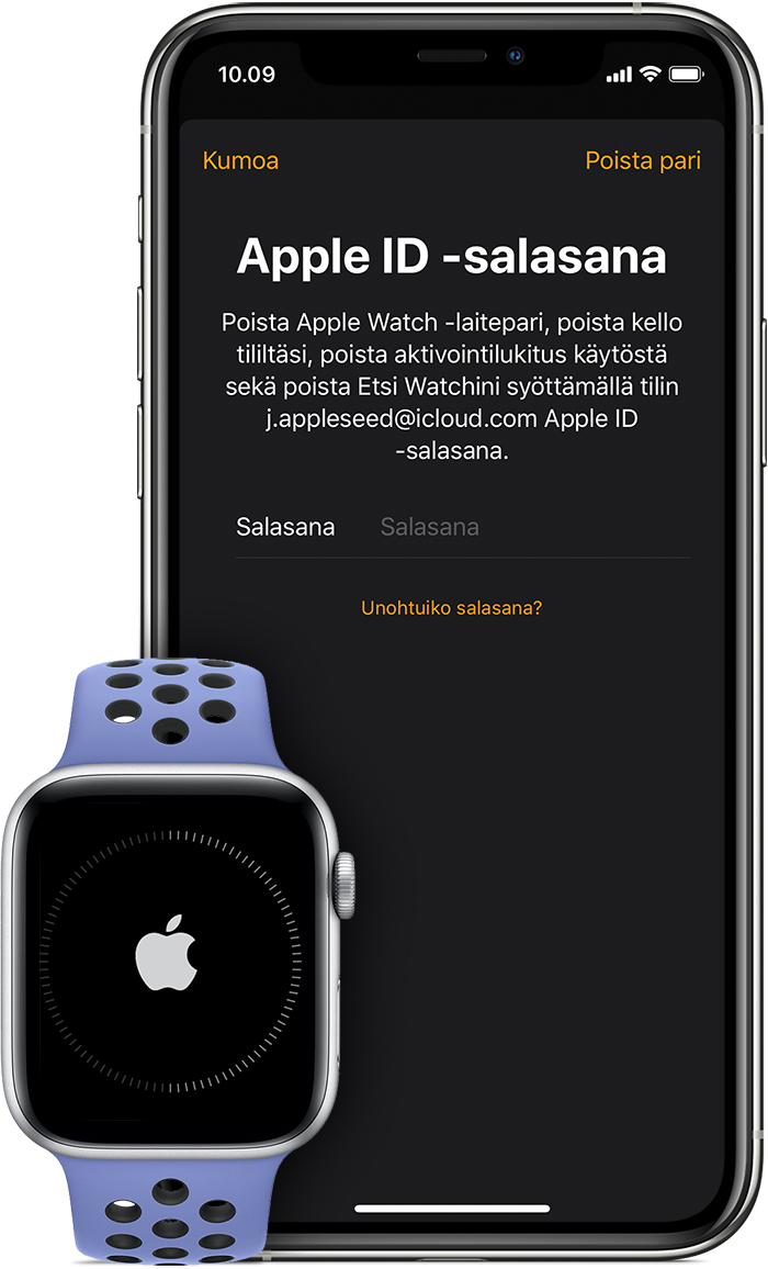 Kehote, jossa pyydetään antamaan Apple ID:n salasana aktivointilukituksen poistamiseksi käytöstä.