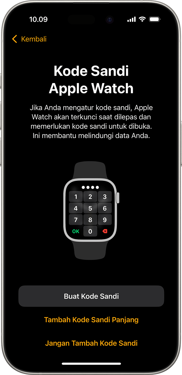 Layar pengaturan Kode Sandi Apple Watch