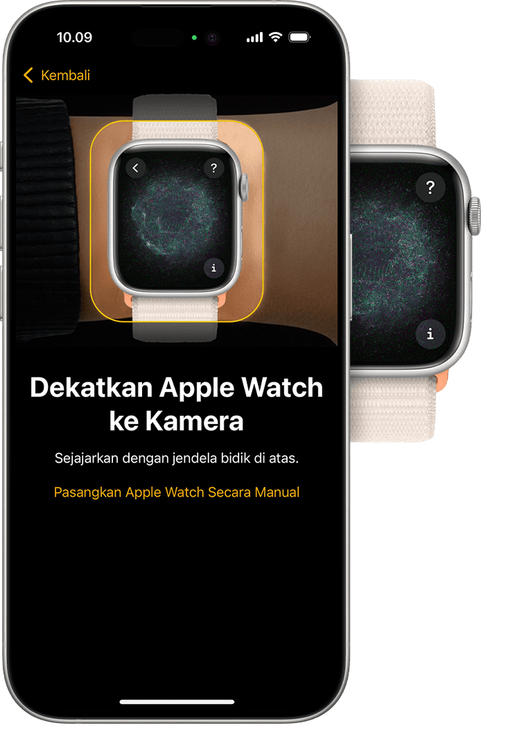 iPhone yang disejajarkan dengan Apple Watch selama pemasangan