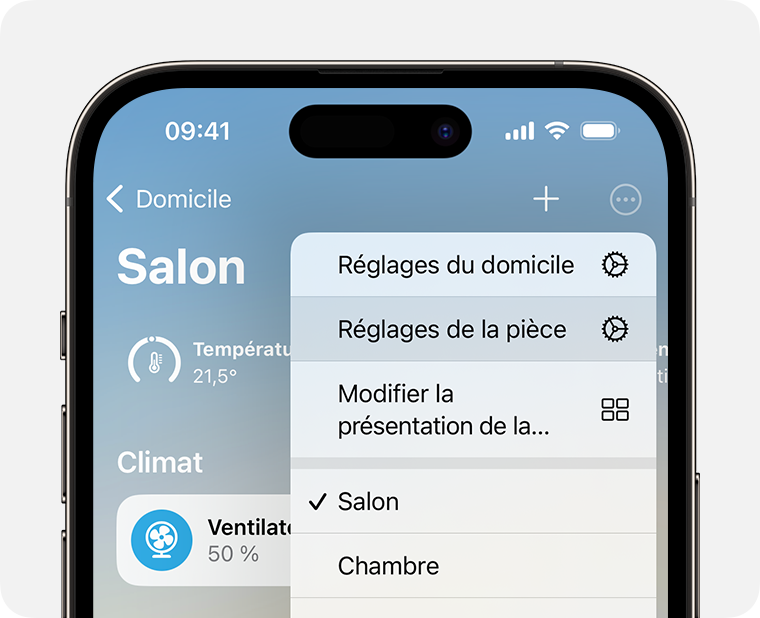 L’option Réglages de la pièce s’affiche sous Réglages du domicile lorsque vous touchez le bouton Plus ou cliquez dessus