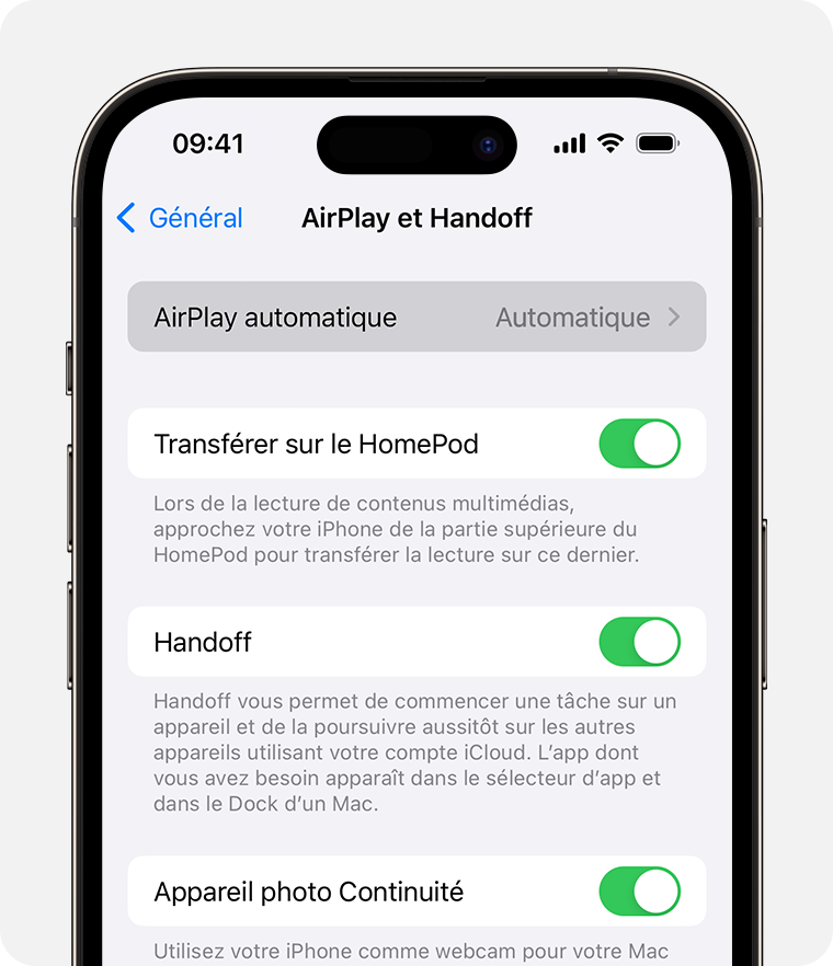 Automatique est sélectionné pour AirPlay automatique sur l’écran AirPlay et Handoff.